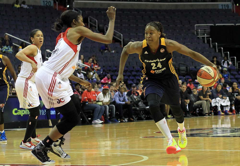 August 11 2015:  Washington Mystics forward LaToya Sanders (30) tries to block Indiana Fever forward Tamika Catchings (24) during a WNBA game at Verizon Center, in Washington D.C.
Indiana won 73-62