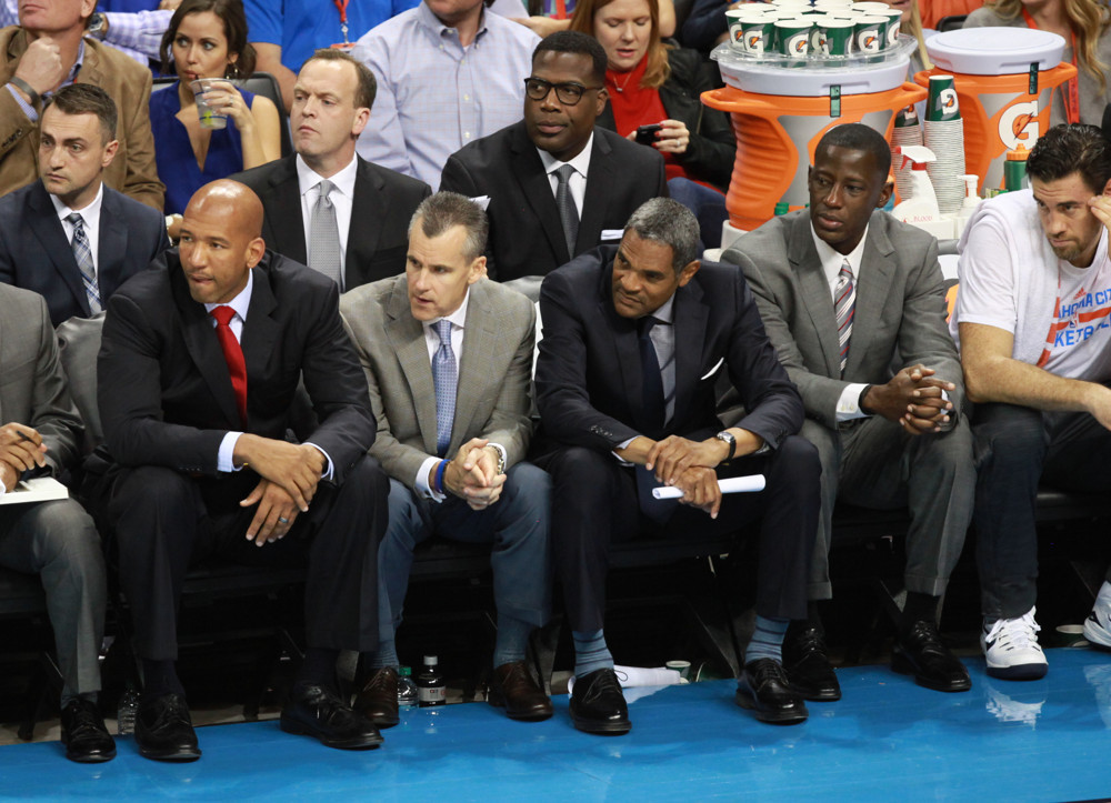 01 November 2015: Oklahoma City Thunder coaching stff looks on (from L to R: Monty Williams, Billy Donovan, Maurice Cheeks, Anthony Grant) during the Oklahoma City Thunders game against the Denver Nuggets at the Chesapeake Energy Arena in Oklahoma City, OK. (Photo by
JP Wilson/Icon Sportswire)