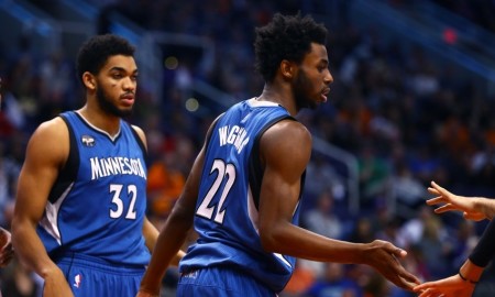 Dec 13, 2015; Phoenix, AZ, USA; Minnesota Timberwolves guard Andrew Wiggins (22) and center Karl-Anthony Towns (32) against the Phoenix Suns at Talking Stick Resort Arena. The Suns defeated the Timberwolves 108-101. Mandatory Credit: Mark J. Rebilas-USA TODAY Sports
