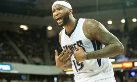 Mar 9, 2016; Sacramento, CA, USA; Sacramento Kings center DeMarcus Cousins (15) reacts to a call with the referee during the second quarter of the game against the Cleveland Cavaliers at Sleep Train Arena. The Cleveland Cavaliers defeated the Sacramento Kings 120-111. Mandatory Credit: Ed Szczepanski-USA TODAY Sports