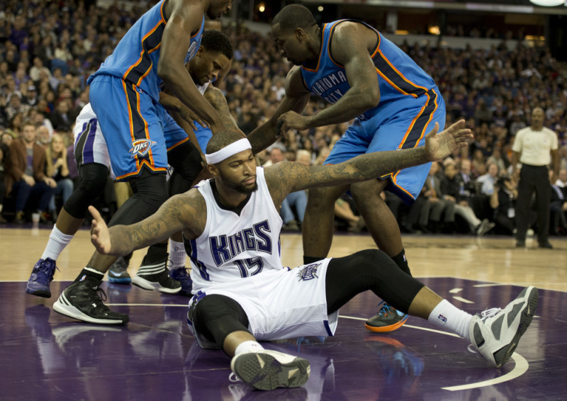 Jan. 7, 2015 - Sacramento, CA, USA - Sacramento Kings center DeMarcus Cousins (15) reacts after not getting a foul called as he drove to the basket during the second quarter on Wednesday, Jan. 7, 2015, at Sleep Train Arena in Sacramento, Calif