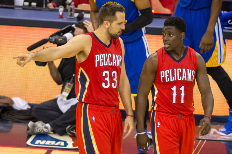 April 23, 2015:  New Orleans Pelicans forward Ryan Anderson (33) and New Orleans Pelicans guard Jrue Holiday (11) during game 3 of the first round of the NBA Western Conference playoffs between the Golden State Warriors and the New Orleans Pelicans at Smoothie King Center in New Orleans, LA.