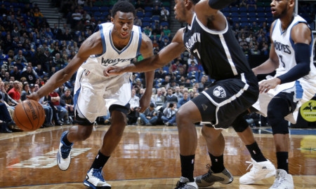 March 16, 2015 - Minneapolis, MN, USA - Minnesota Timberwolves' Andrew Wiggins (22) is defended by Brooklyn Nets' Joe Johnson (7) during the first quarter on Monday, March 16, 2015, at the Target Center in Minneapolis