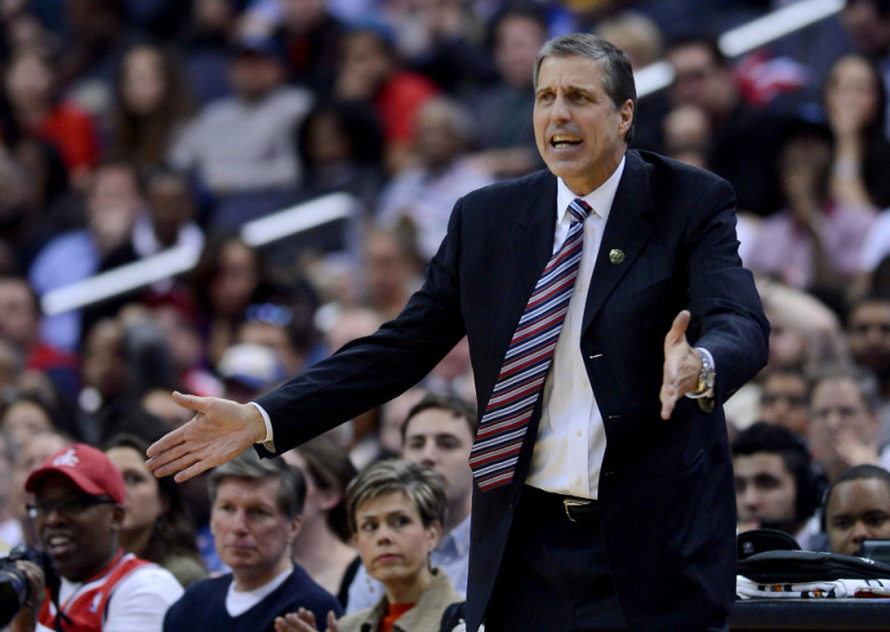 April 9, 2014 - Washington, DC, USA - Washington Wizards head coach Randy Wittman directs his players during the fourth quarter against the Charlotte Bobcats at the Verizon Center in Washington, D.C., Wednesday, April 9, 2014. The Bobcats defeated the Wizards in overtime, 94-88