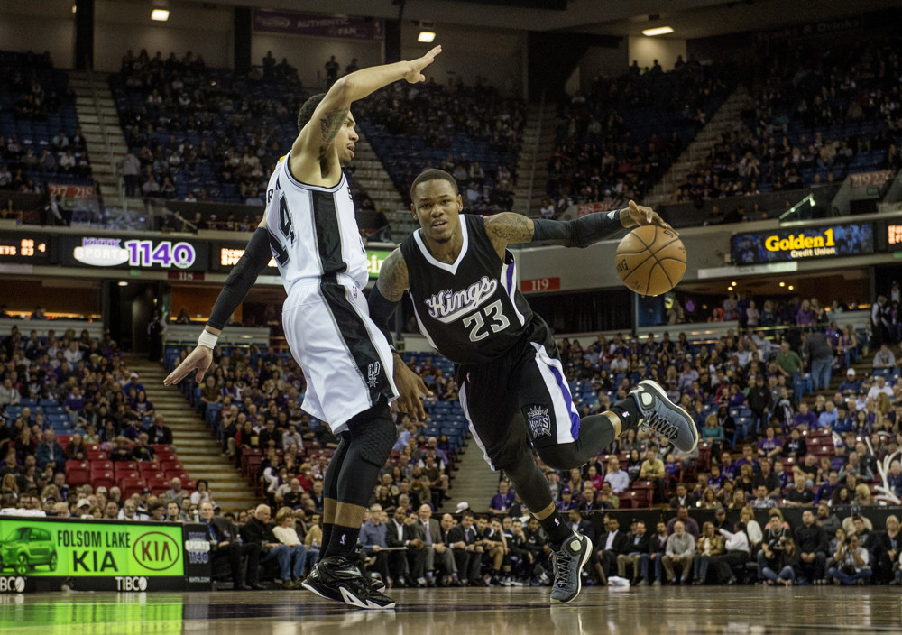 Feb. 27, 2015 - Sacramento, CA, USA - The Sacramento Kings' Ben McLemore (23) is fouled by the San Antonio Spurs' Danny Green as he drives to the basket in the first quarter on Friday, Feb. 27, 2015, at Sleep Train Arena in Sacramento, Calif