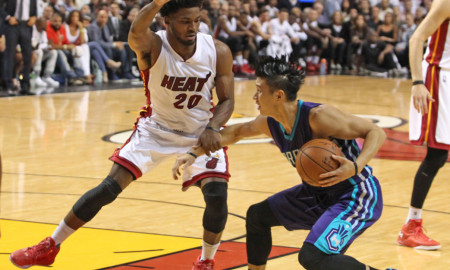 Oct. 28, 2015 - Miami, FL, USA - The Miami Heat's Justise Winslow (20) guards Jeremy Lin of the Charlotte Hornets in the first quarter on Wednesday, Oct. 28, 2015, at AmericanAirlines Arena in Miami. The Heat won, 104-94.  (Photo by El Nuevo Herald/Zuma Press/Icon Sportswire)