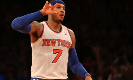 Jan 27, 2013; New York, NY, USA;  New York Knicks small forward Carmelo Anthony (7) gestures after scoring during the fourth quarter against the Atlanta Hawks at Madison Square Garden.  Knicks won 106-104.  Mandatory Credit: Anthony Gruppuso-USA TODAY Sports  ORG XMIT: USATSI-96280 ORIG FILE ID:  20130127_lbm_ag9_270.JPG