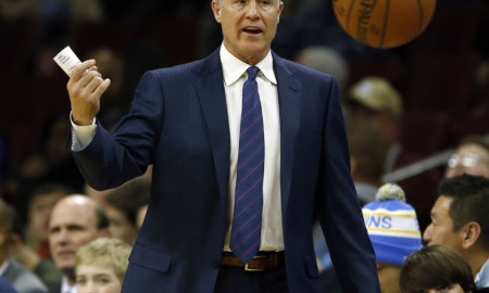 Jan. 13, 2015 - Philadelphia, PA, USA - Sixers' Head Coach Brett Brown watches the basketball go out of bounds on the the Atlanta Hawks during the second quarter on Tuesday, Jan. 13, 2015 at the Wells Fargo Center in Philadelphia, Pa. The Hawks won 105-87