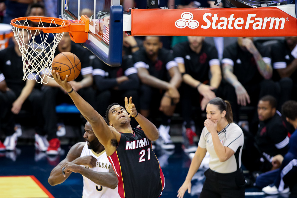 October 23, 2015: Miami Heat center Hassan Whiteside (21) shoots a lay up during the game between Miami Heat and New Orleans Pelicans at the Smoothie King Center in New Orleans, LA. (Photograph by Stephen Lew/Icon Sportswire)