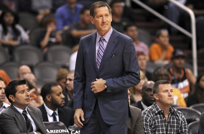 Oct 10, 2014; Phoenix, AZ, USA; Phoenix Suns head coach Jeff Hornacek looks on against the Denver Nuggets during the first half at US Airways Center. Mandatory Credit: Joe Camporeale-USA TODAY Sports