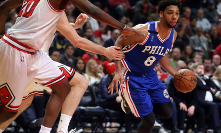 Dec. 14, 2015 - Chicago, IL, USA - Philadelphia 76ers center Jahlil Okafor (8) drives the ball against Chicago Bulls forward Tony Snell (20) during the second half on Monday, Dec. 14, 2015, at the United Center in Chicago (Photo by Brian Cassella/Zuma Press/Icon Sportswire)