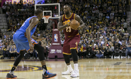17 December 2015: Cleveland Cavaliers Forward LeBron James (23) looks to pass while being guarded by Oklahoma City Thunder Forward Kevin Durant (35) during the game between the Oklahoma City Thunder and the Cleveland Cavaliers at Quicken Loans Arena in Cleveland, Oh. (Photo by Mark Alberti/ Icon Sportswire)