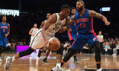 Nov. 29, 2015 - New York, NY, U.S. - Brooklyn Nets forward THADDEUS YOUNG (30) dribbles the ball against Detroit Pistons forward MARCUS MORRIS (13) during the third quarter of an NBA basketball game, Sunday, Nov. 29, 2015 (Photo by Bryan Smith/Zuma Press/Icon Sportswire)