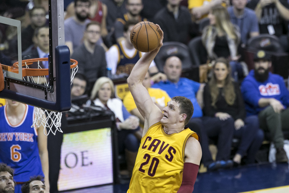 23 December 2015: Cleveland Cavaliers Center Timofey Mozgov (20) makes a slam dunk during the game between the New York Knicks and the Cleveland Cavaliers at Quicken Loans Arena in Cleveland, Oh. (Photo by Mark Alberti/ Icon Sportswire)