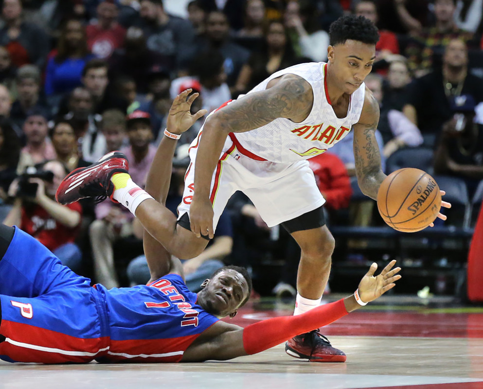 Dec. 23, 2015 - Atlanta, GA, USA - The Atlanta Hawks' Jeff Teague steals from the Detroit Pistons' Reggie Jackson during the first half on Wednesday, Dec. 23, 2015, at Philips Arena in Atlanta (Photo by Curtis Compton/Zuma Press/Icon Sportswire)