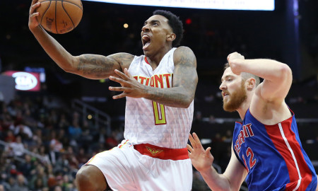 Dec. 23, 2015 - Atlanta, GA, USA - The Atlanta Hawks' Jeff Teague, left, goes to the basket past the Detroit Pistons' Aron Baynes during the first half on Wednesday, Dec. 23, 2015, at Philips Arena in Atlanta (Photo by Curtis Compton/Zuma Press/Icon Sportswire)