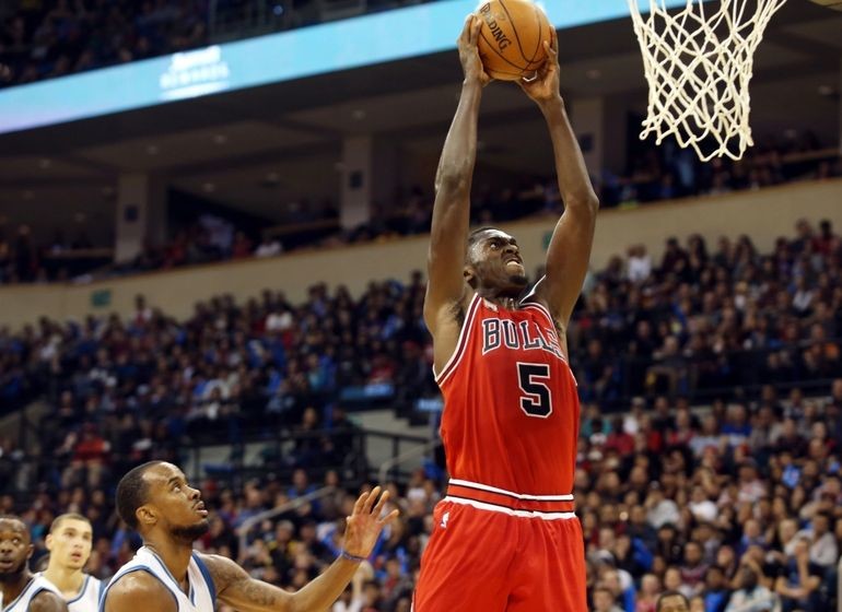 Oct 10, 2015; Winnipeg, Manitoba, CAN; Chicago Bulls forward Bobby Portis (5) looks to slam dunk during the fourth quarter against the Minnesota Timberwolves at MTS Center. Mandatory Credit: Bruce Fedyck-USA TODAY Sports