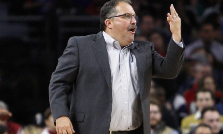 Detroit Pistons head coach Stan Van Gundy motions from the sidelines.