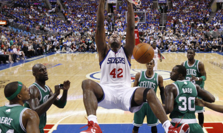 May 23, 2012 - Philadelphia, PA, USA - Philadelphia 76ers' Elton Brand dunks against the Boston Celtics in the first quarter during Game 6 of the NBA Eastern Conference semifinals on Wednesday, May 23, 2012, at the Wells Fargo Center in Philadelphia, Pennsylvania.