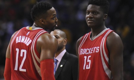Nov 20, 2015; Memphis, TN, USA; Houston Rockets center Dwight Howard (12) and Houston Rockets center Clint Capela (15) talk during the second quarter against the Memphis Grizzlies at FedExForum. Mandatory Credit: Justin Ford-USA TODAY Sports