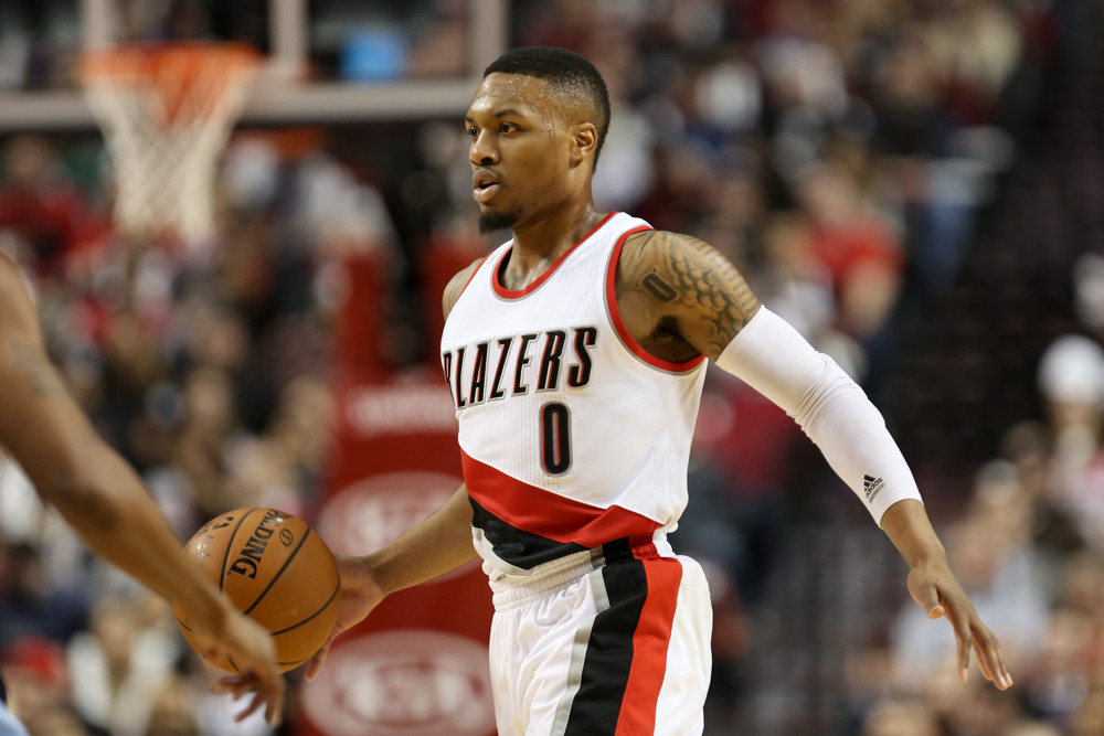 Jan. 4, 2016 - DAMIAN LILLARD (0) controls the ball. The Portland Trail Blazers hosted the Memphis Grizzlies at the Moda Center in Portland, OR, on Janurary 4th 2016. (Photo by David Blair/Zuma Press/Icon Sportswire)