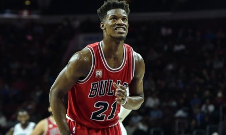 Jan 14, 2016; Philadelphia, PA, USA; Chicago Bulls guard Jimmy Butler (21) reacts to a missed foul shot during the third quarter of the game against the Philadelphia 76ers at the Wells Fargo Center. The Chicago Bulls won the game 115-111 in overtime. Mandatory Credit: John Geliebter-USA TODAY Sports