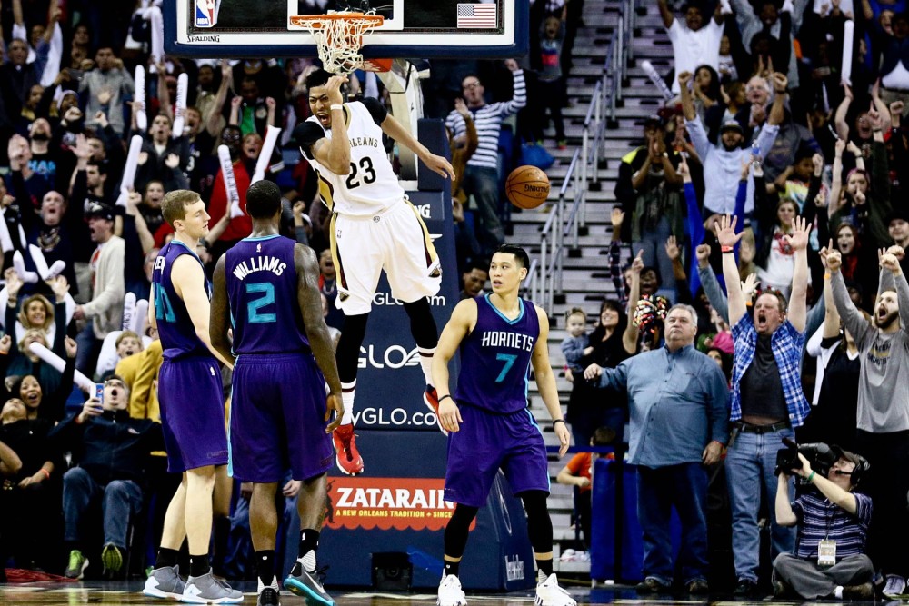 Jan 15, 2016; New Orleans, LA, USA; New Orleans Pelicans forward Anthony Davis (23) dunks against the Charlotte Hornets during the fourth quarter during a game at the Smoothie King Center. The Pelicans defeated the Hornets 109-107 Mandatory Credit: Derick E. Hingle-USA TODAY Sports