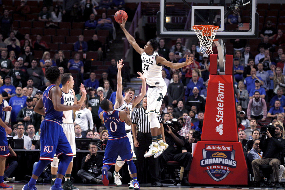 17 November 2015: Michigan State Spartans forward Deyonta Davis (23) blocks a shot from Kansas Jayhawks guard Frank Mason III (0) in action during a game in the Championship Classic between the Michigan State Spartans and the Kansas Jayhawks at the United Center in Chicago,IL.