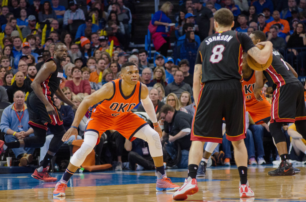 January 17, 2016 Miami Heat Guard Tyler Johnson (8) looks for a play while Oklahoma City Thunder Guard Russell Westbrook (0) plays defense at the Chesapeake Energy Arena in Oklahoma City (Torrey Purvey/Icon Sportswire)