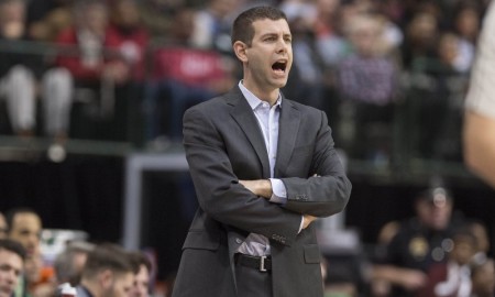Jan 18, 2016; Dallas, TX, USA; Boston Celtics head coach Brad Stevens yells to his team during the second half against the Dallas Mavericks at the American Airlines Center. The Mavericks defeat the Celtics 118-113 in overtime. Mandatory Credit: Jerome Miron-USA TODAY Sports