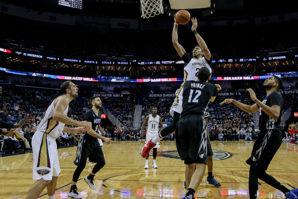 January 19, 2016: New Orleans Pelicans forward Anthony Davis (23) shoots a jump shot over Minnesota Timberwolves forward Tayshaun Prince (12) during the NBA game between the Minnesota Timberwolves and the New Orleans Pelicans at the Smoothie King Center in New Orleans, LA. New Orleans Pelicans defeat Minnesota Timberwolves 114-99. (Photograph by Stephen Lew/Icon Sportswire)