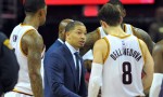 Jan 23, 2016; Cleveland, OH, USA; Cleveland Cavaliers head coach Tyronn Lue (C) huddles with his team during the fourth quarter against the Chicago Bulls at Quicken Loans Arena. The Bulls won 96-83. Mandatory Credit: Ken Blaze-USA TODAY Sports