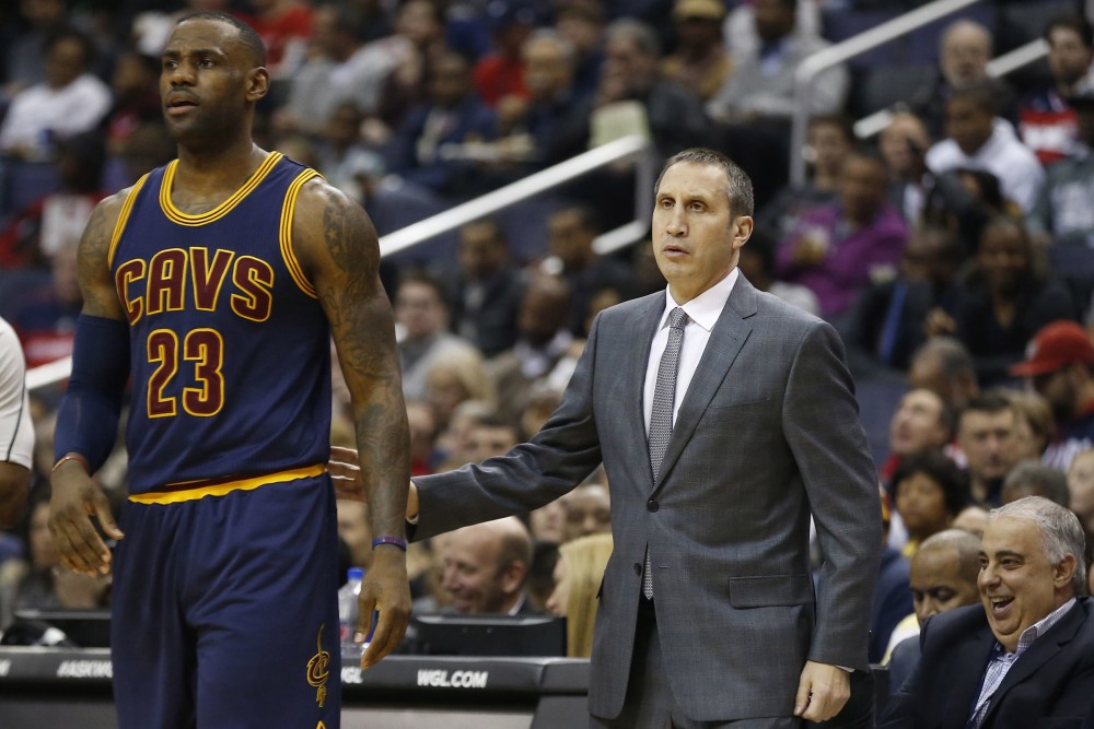 Jan 6, 2016; Washington, DC, USA; Cleveland Cavaliers forward LeBron James (23) stands with Cavaliers head coach David Blatt (R) against the Washington Wizards in the second quarter at Verizon Center. The Cavaliers won 121-115. Mandatory Credit: Geoff Burke-USA TODAY Sports