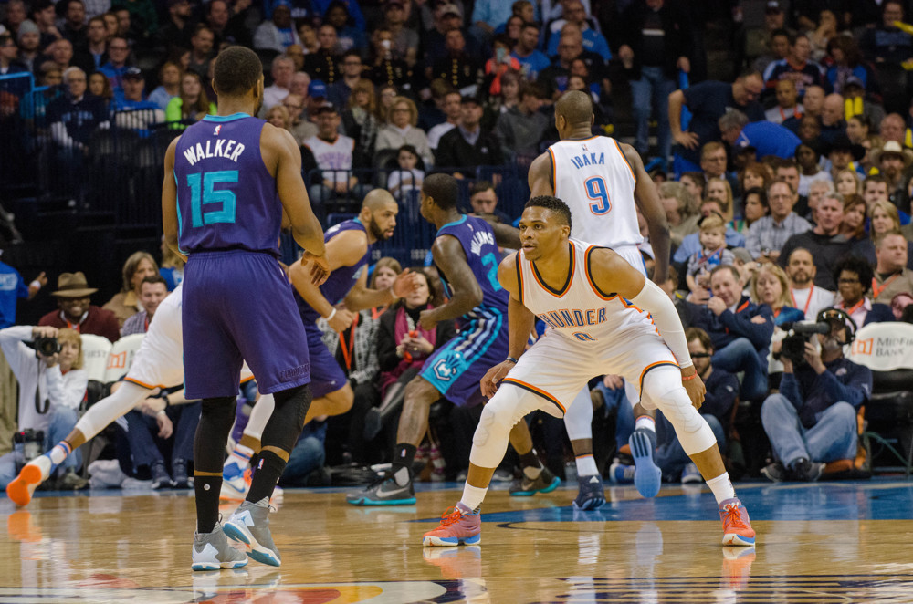 January 20, 2016 Oklahoma City Thunder Guard Russell Westbrook (0) plays defense on Charlotte Hornets Guard Kemba Walker (15) at the Chesapeake Energy Arena in Oklahoma City (Torrey Purvey/Icon Sportswire)