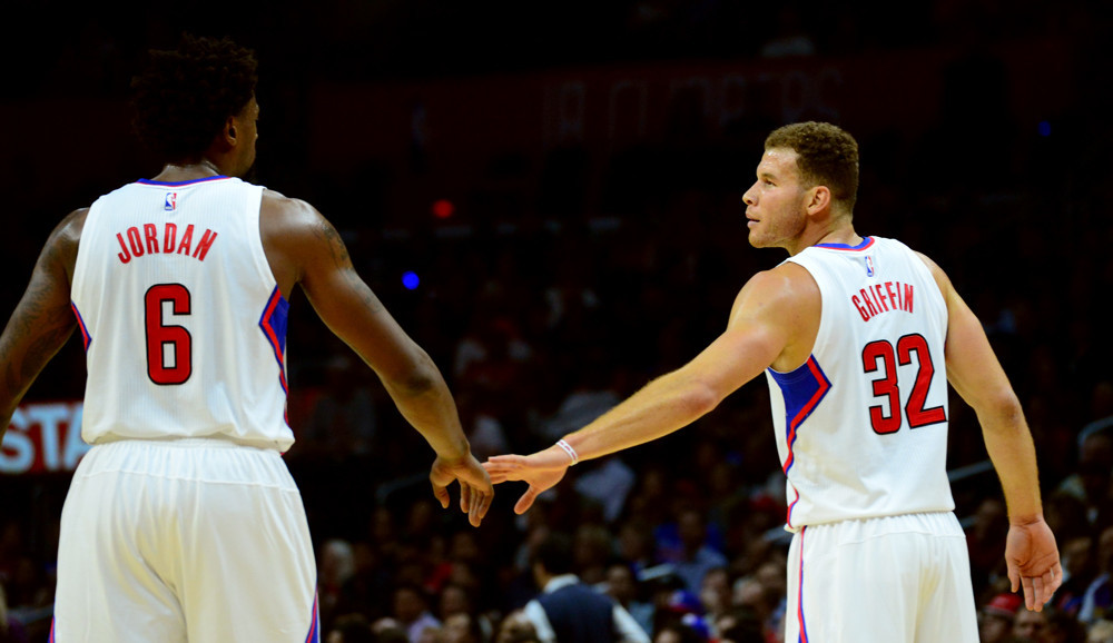 Los Angeles Clippers forward Blake Griffin (32) shakes hands with teammate center DeAndre Jordan (6) after scoring against the Dallas Mavericks in the first quarter during an NBA basketball game in Los Angeles, Calif., on Thursday, Oct. 29, 2015. (Photo by Keith Birmingham/ Pasadena Star-News/Zuma Press/Icon Sportswire)