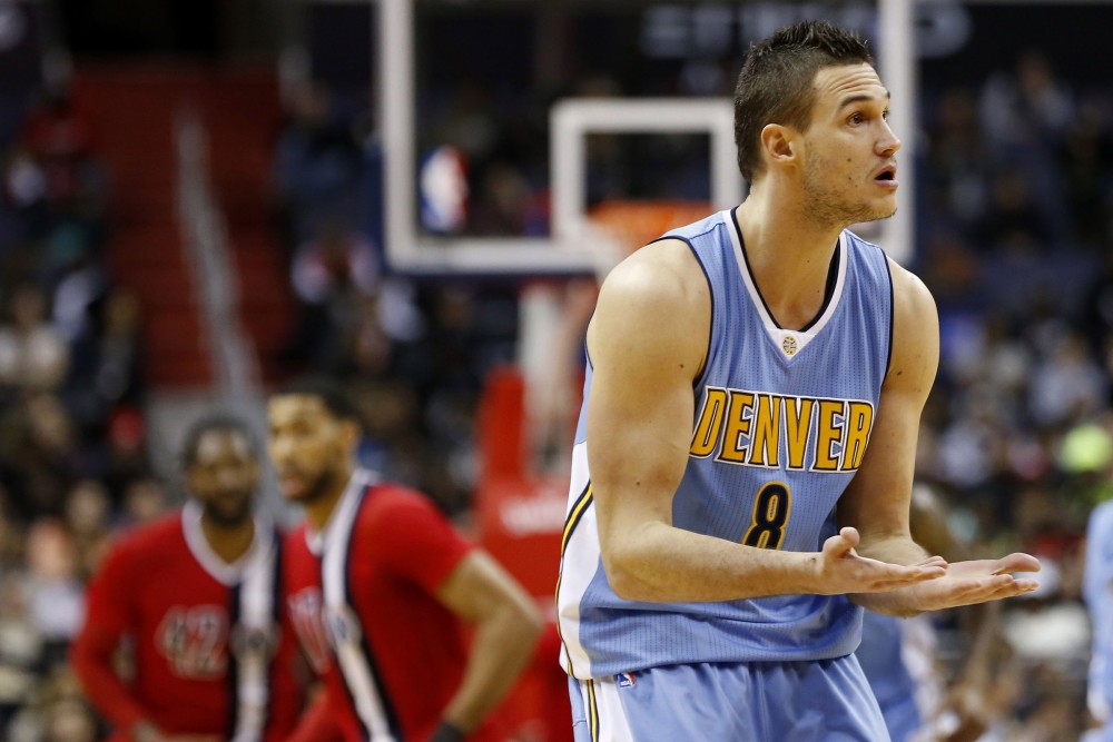 Jan 28, 2016; Washington, DC, USA; Denver Nuggets forward Danilo Gallinari (8) gestures to the bench after making a three-point field goal against the Washington Wizards in the fourth quarter at Verizon Center. The Nuggets won 117-113. Mandatory Credit: Geoff Burke-USA TODAY Sports