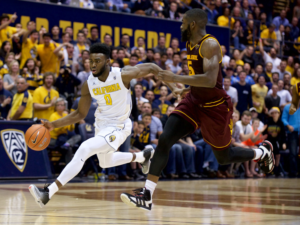 January 21, 2016: California forward Jaylen Brown (0) drives by Arizona State forward Obinna Oleka (5) during the NCAA basketball game between the California Golden Bears and the Arizona State Sun Devils at Haas Pavilion in Berkeley, CA. (Photo by Matt Cohen/Icon Sportswire)
