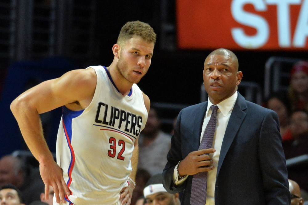 Dec 16, 2015; Los Angeles, CA, USA; Los Angeles Clippers forward Blake Griffin (32) and coach Doc Rivers during an NBA basketball game against the Milwaukee Bucks at Staples Center. The Clippers defeated the Bucks 103-90. Mandatory Credit: Kirby Lee-USA TODAY Sports