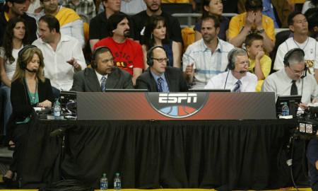 April 17, 2011; Mark Jackson, Jeff Van Gundy and Mike Breen of ESPN during the game. The New Orleans Hornets defeated the Los Angeles Lakers by the final score of 109-100 in game one of 1st round of the NBA Playoffs at Staples Center in downtown Los Angeles, CA.
