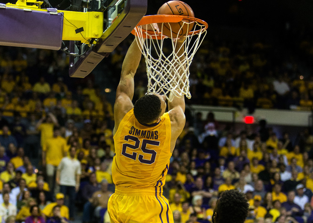 30 January 2016, Oklahoma Sooners at LSU Tigers, LSU Tigers forward Ben Simmons (24) dunks the ball during a game in Baton Rouge Louisiana