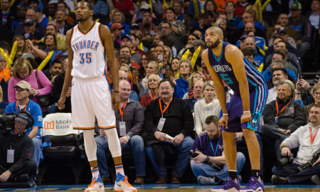 January 20, 2016 Oklahoma City Thunder Forward Kevin Durant (35) and Charlotte Hornets Guard Nicolas Batum (5) wait as the play takes shape at the Chesapeake Energy Arena in Oklahoma City (Torrey Purvey/Icon Sportswire)