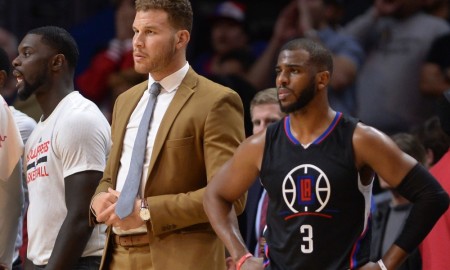 Jan 16, 2016; Los Angeles, CA, USA; Los Angeles Clippers forward Blake Griffin on the sidelines with teammate Los Angeles Clippers guard Chris Paul (3) during the 2nd half of the Clippers 110-103 loss to the Sacramento Kings at Staples Center. Mandatory Credit: Robert Hanashiro-USA TODAY Sports