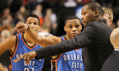 Feb. 27, 2015 - RUSSELL WESTBROOK (0) and KEVIN DURANT (35) talks strategy during a timeout. The Portland Trail Blazers play the Oklahoma City Thunder at the Moda Center on February 27, 2015