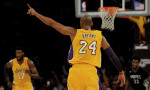 Feb. 02, 2016 - Los Angeles, California, U.S. - Los Angeles Lakers forward Kobe Bryant (24) points after hitting a three point shot against the Minnesota Timberwolves in the second half of a NBA basketball game at Staples Center on Tuesday, Feb. 2, 2015 in Los Angeles. Los Angeles Lakers won 119-115. (Photo by Keith Birmingham/Zuma Press/Icon Sportswire)