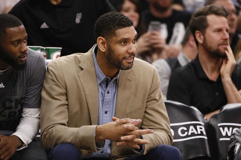 Feb 1, 2016; San Antonio, TX, USA; San Antonio Spurs power forward Tim Duncan (21) watches from the bench during the first half against the Orlando Magic at AT&T Center. Mandatory Credit: Soobum Im-USA TODAY Sports