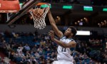 Jan 27, 2016; Minneapolis, MN, USA; Minnesota Timberwolves forward Andrew Wiggins (22) dunks in the third quarter against the Oklahoma City Thunder at Target Center. The Oklahoma City Thunder beat the Minnesota Timberwolves 126-123. Mandatory Credit: Brad Rempel-USA TODAY Sports
