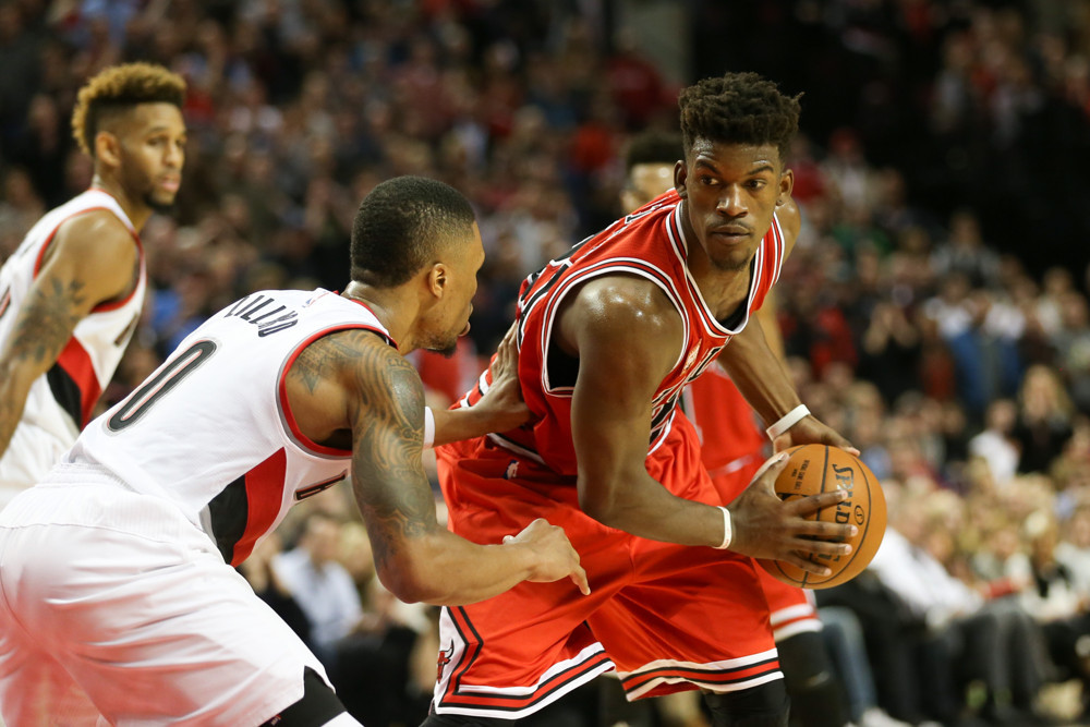 Nov. 24, 2015 - JIMMY BUTLER (21) looks to drive. The Portland Trailblazers hosted the Chicago Bulls at the Moda Center. (Photo by David Blair/Zuma Press/Icon Sportswire)