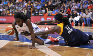 July 28, 2015: Connecticut Sun Center / Forward Elizabeth Williams (1) dives for the loose ball as the Connecticut Sun's host the Indiana Fever at the Mohegan Sun Arena in Uncasville, Connecticut. The Fever defeat the Sun in overtime 75-73.