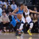 January 5, 2015; Oakland, CA, USA; Oklahoma City Thunder guard Russell Westbrook (0, left) dribbles the basketball against Golden State Warriors guard Stephen Curry (30) during the third quarter at Oracle Arena. The Warriors defeated the Thunder 117-91. Mandatory Credit: Kyle Terada-USA TODAY Sports