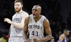 Feb 4, 2016; Auburn Hills, MI, USA; Detroit Pistons forward Anthony Tolliver (43) celebrates after a play during the fourth quarter against the New York Knicks at The Palace of Auburn Hills. Pistons win 111-105. Mandatory Credit: Raj Mehta-USA TODAY Sports